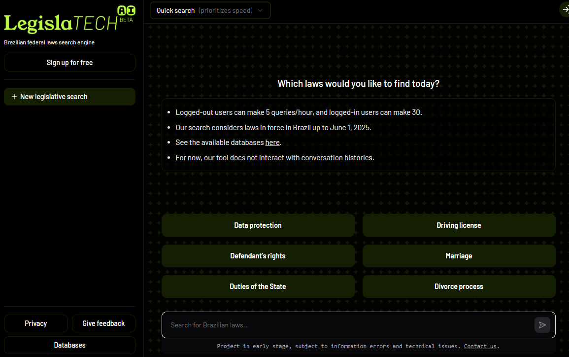 print screen of Legislatech AI's interface in English